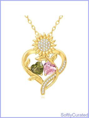 14K Gold Birthstone Necklace Two Heart Pendant Sunflower Adjustable Chain